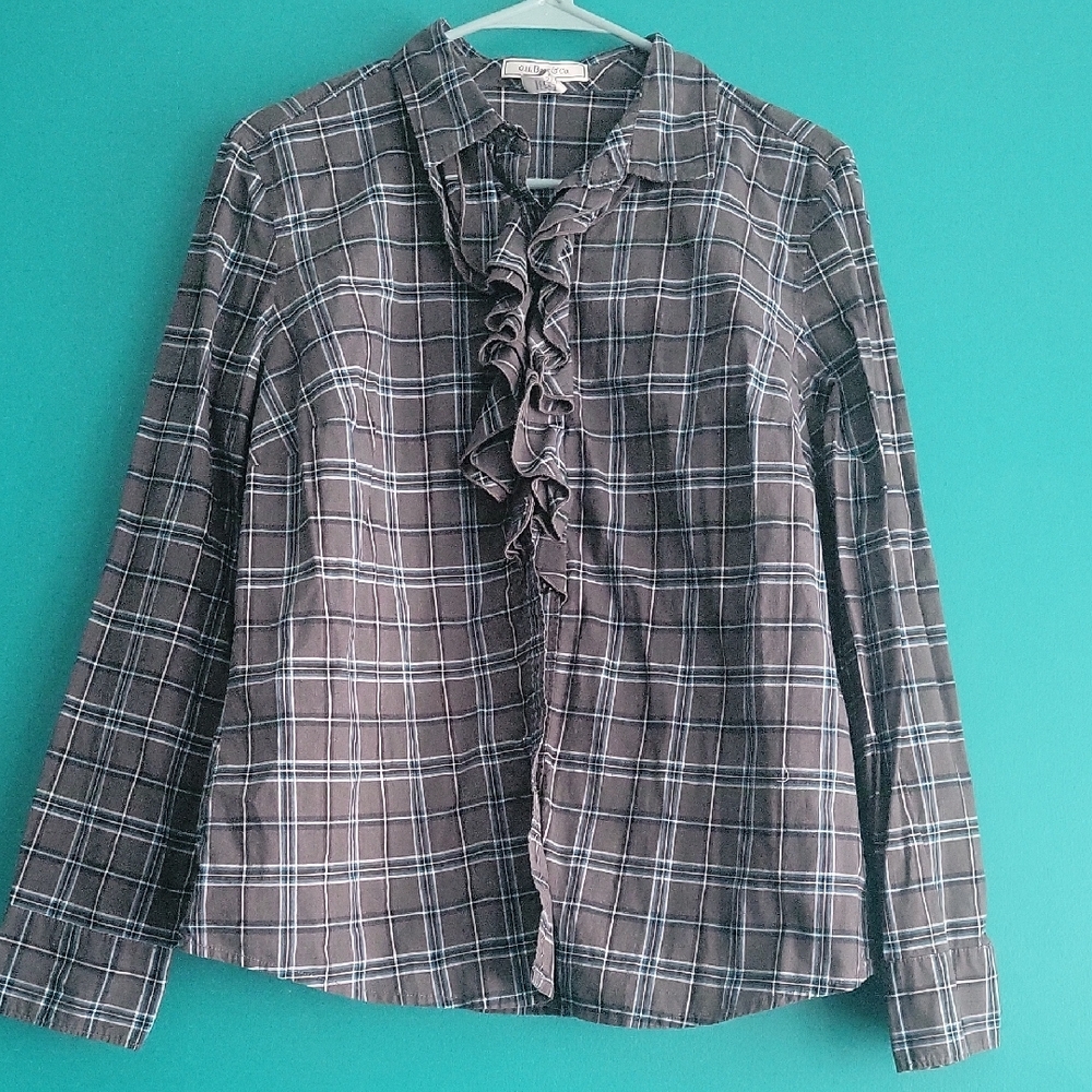 G.H. Bass & Co. Dark Grey Plaid Ruffle Button Down Shirt
